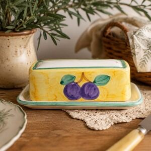 Caleca Italy Hand Painted Ceramic Butter Dish Tuscan Cottagecore Farmhouse Decor